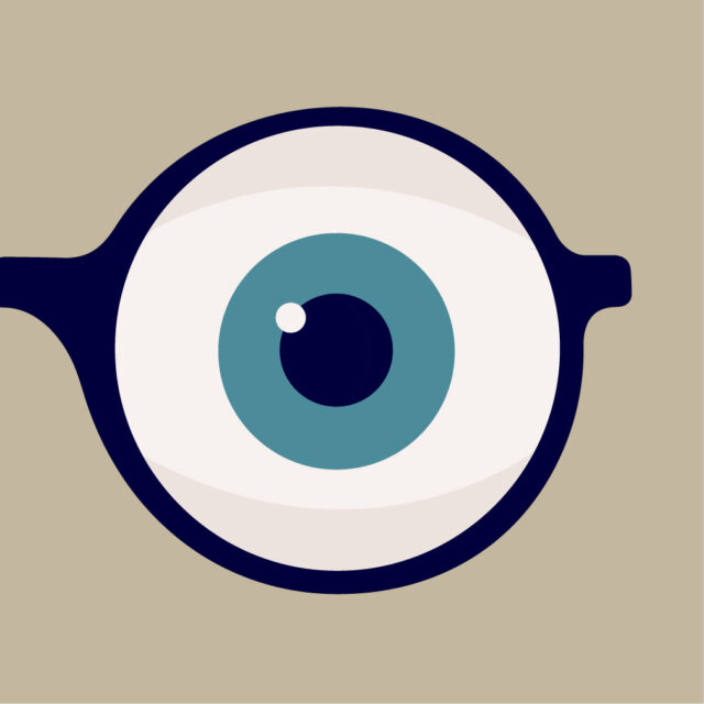 Illustration of a blue eye in a glasses lens